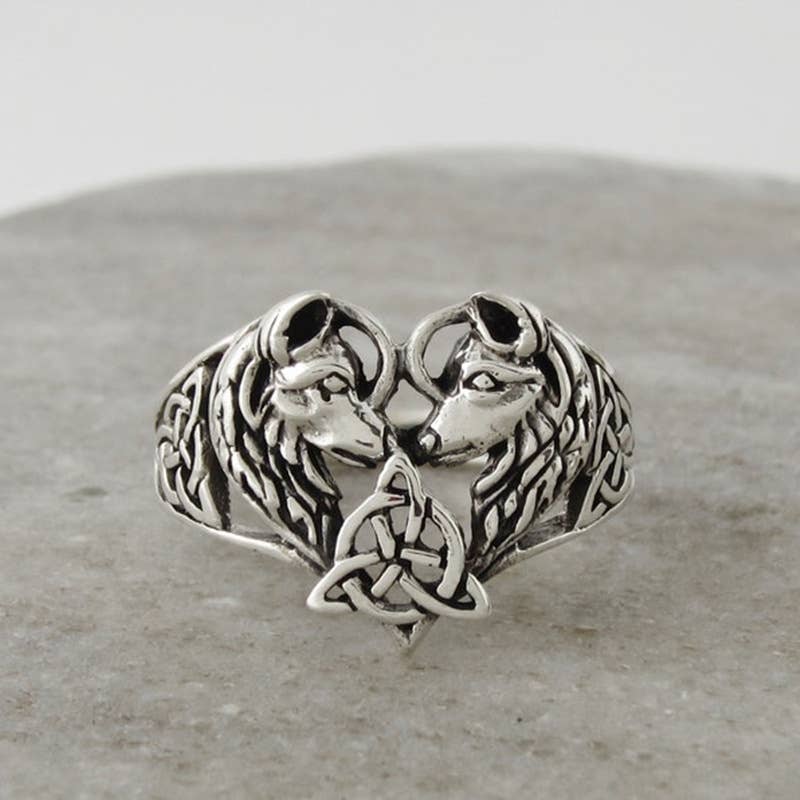 Silver Vintage Viking Heart Wolf Head Rune Ring for wholesale on Faire