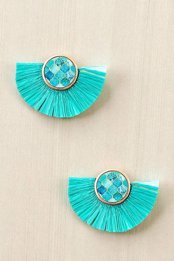 Andrea Bijoux - Wholesale Dangle Earrings - ROUND MIX PRINT RAFFIA TASSEL EARRING4