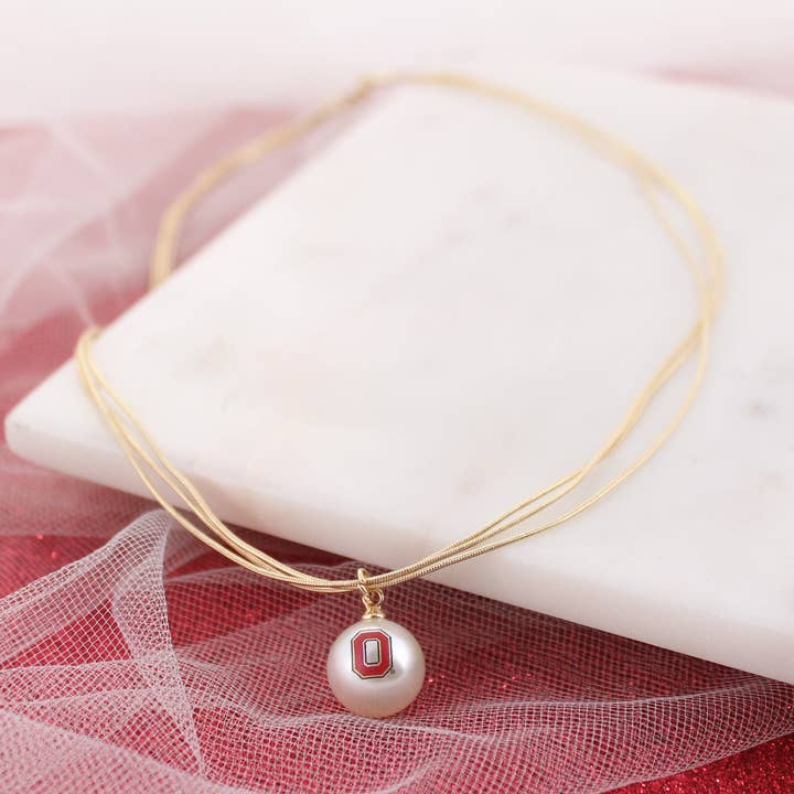 18” Ohio State Gold & Pearl Logo 3-Strand Necklace for wholesale by Seasons Jewelry