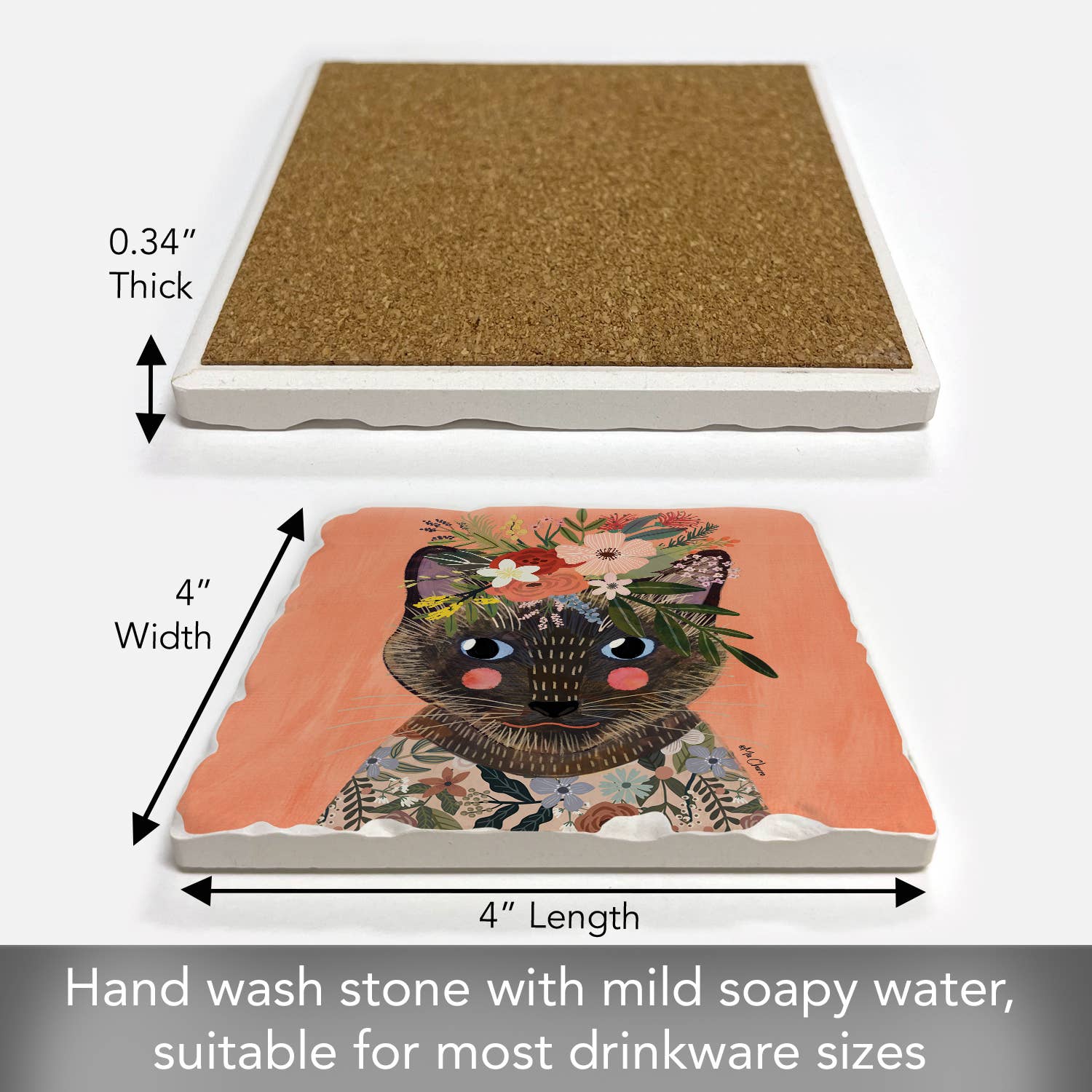 Conimar Promotions - Wholesale Coasters - "Floral Pets-Siamese" Single Tumbled Tile Coaster   2