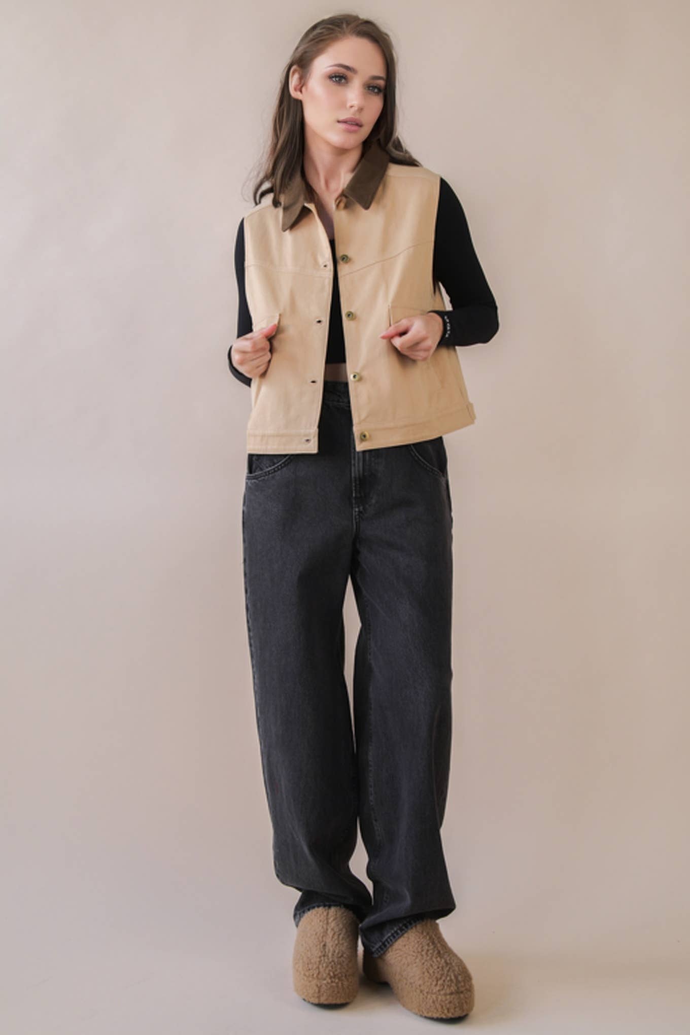 VERY J – Engroshandel Vest - Dame – NT12284-Vasket Bomulds Casual Vest med Knapper9