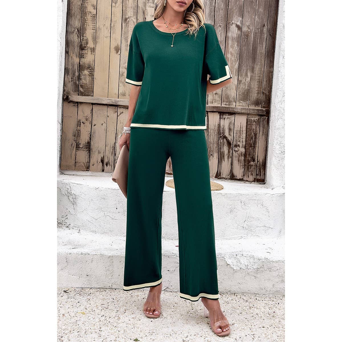 Supreme Fashion - Wholesale Top & Pant Set (NOT Loungewear) - Women's - Two Pieces Outfits Knit Short Sleeve Wide Leg Lounge Sets25