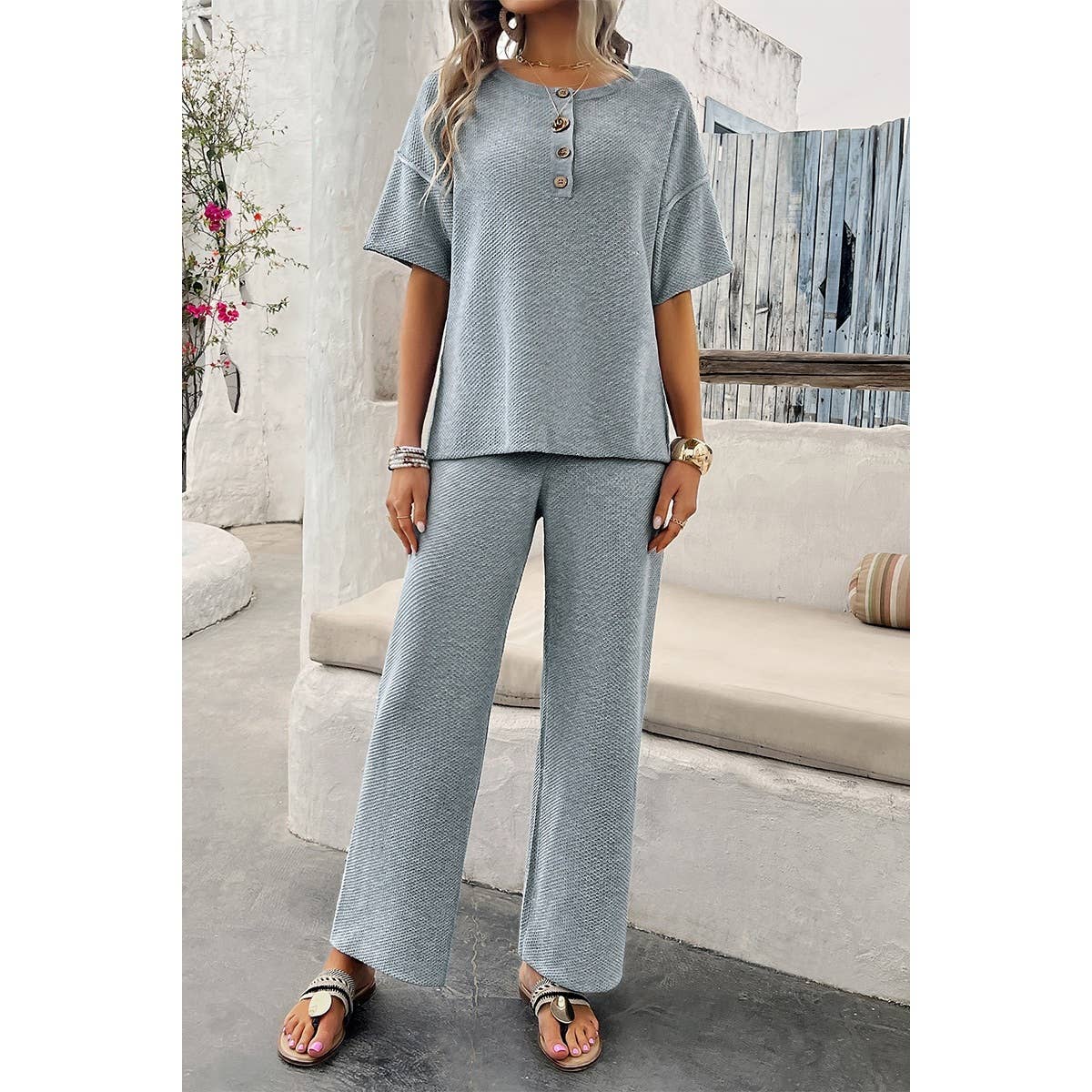 Supreme Fashion - Wholesale Lounge Set - Women's - Two Pieces Outfits Knitted Crew Neck Button Set4