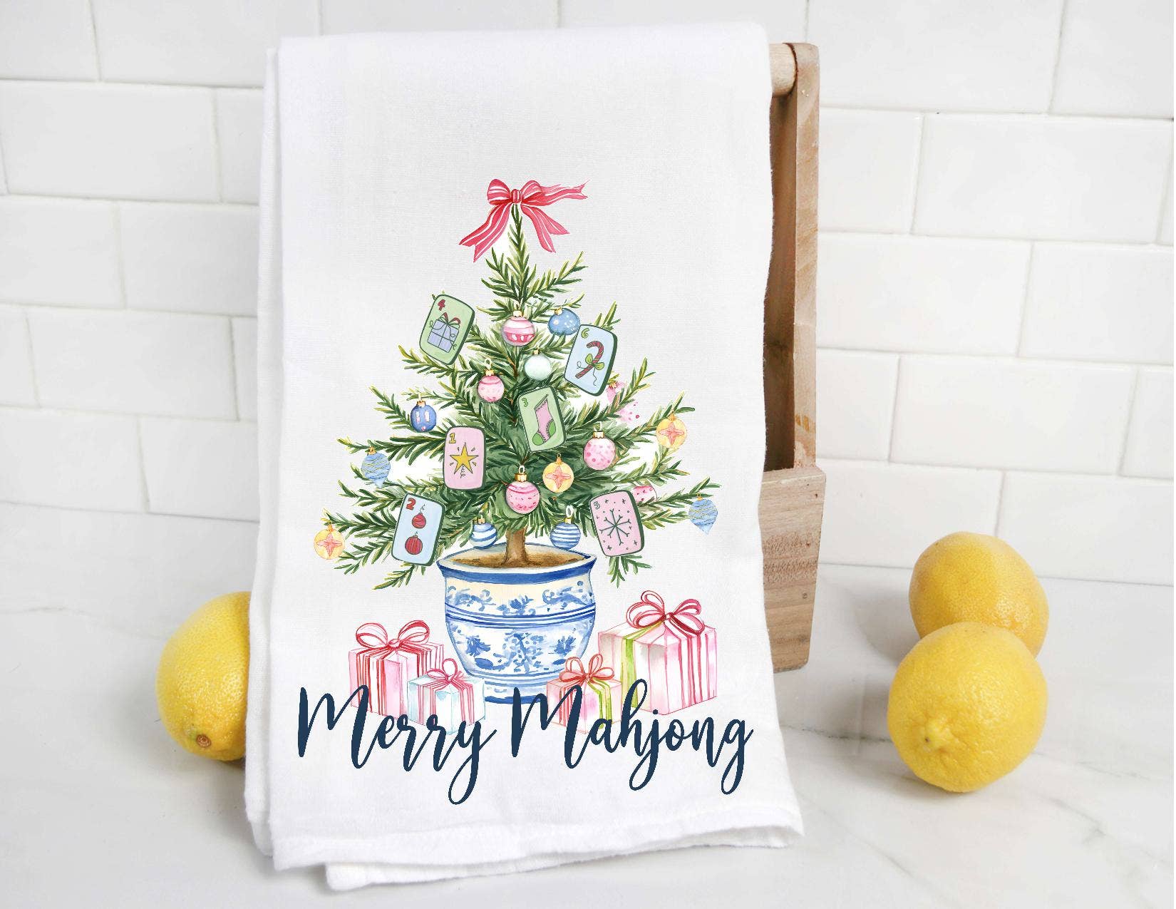 The Preppy Pineapple Home - Wholesale Tea Towel - Merry Mahjong Chinoiserie Christmas Tree Tea Towel