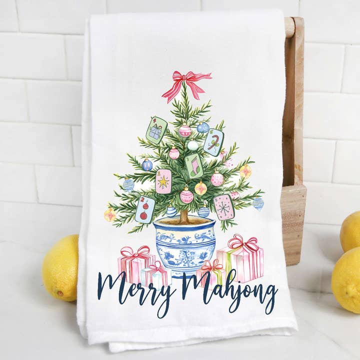 The Preppy Pineapple Home - Wholesale Tea Towel - Merry Mahjong Chinoiserie Christmas Tree Tea Towel 0