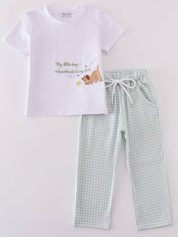 Green puppy embroidery boy set for wholesale by Mom & Co.