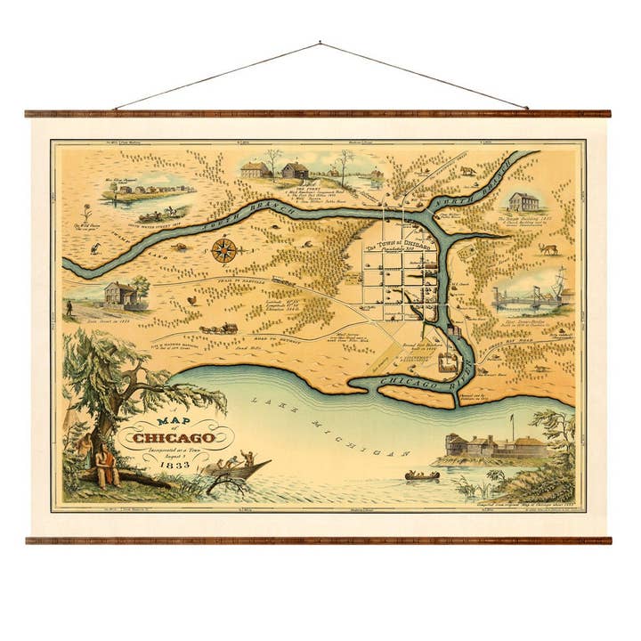 Chicago Map 1833 Vintage Ready to Hang Roll Down Canvas Map Decorative Antique Map Scroll Wall Hanging Map of Illinois for wholesale by Maps Vintage