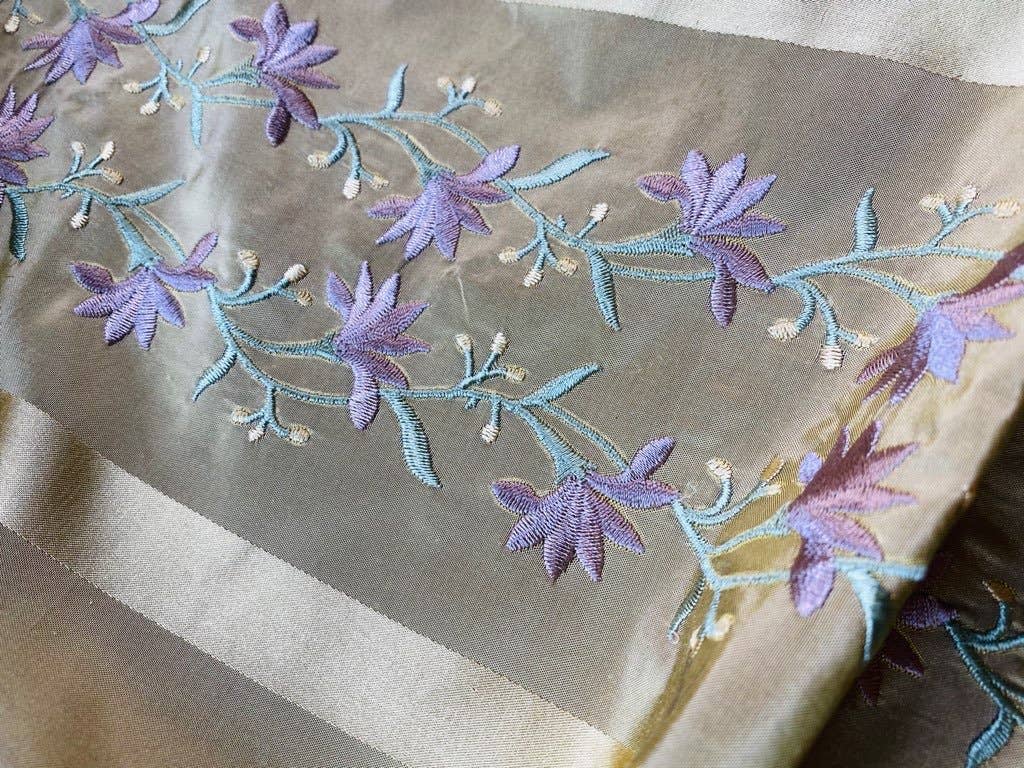 Fancy Styles Fabric - Wholesale Fabric - NEW Duchess Adele Designer 100% Silk Taffeta Ribbon Stripe Embroidered Floral Fabric in Gold and Lavender7