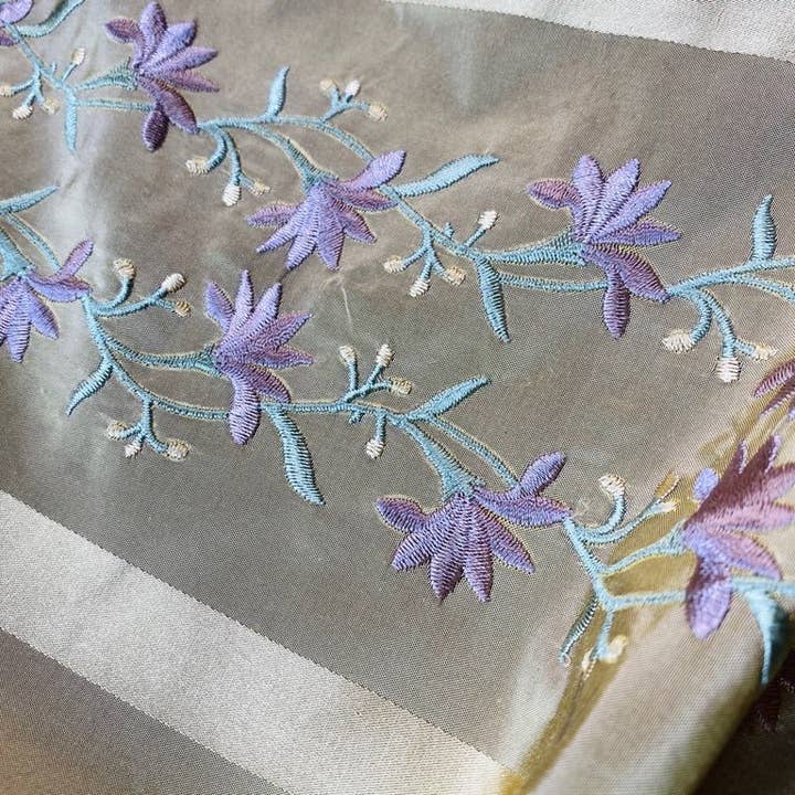 Fancy Styles Fabric - Wholesale Fabric - NEW Duchess Adele Designer 100% Silk Taffeta Ribbon Stripe Embroidered Floral Fabric in Gold and Lavender7