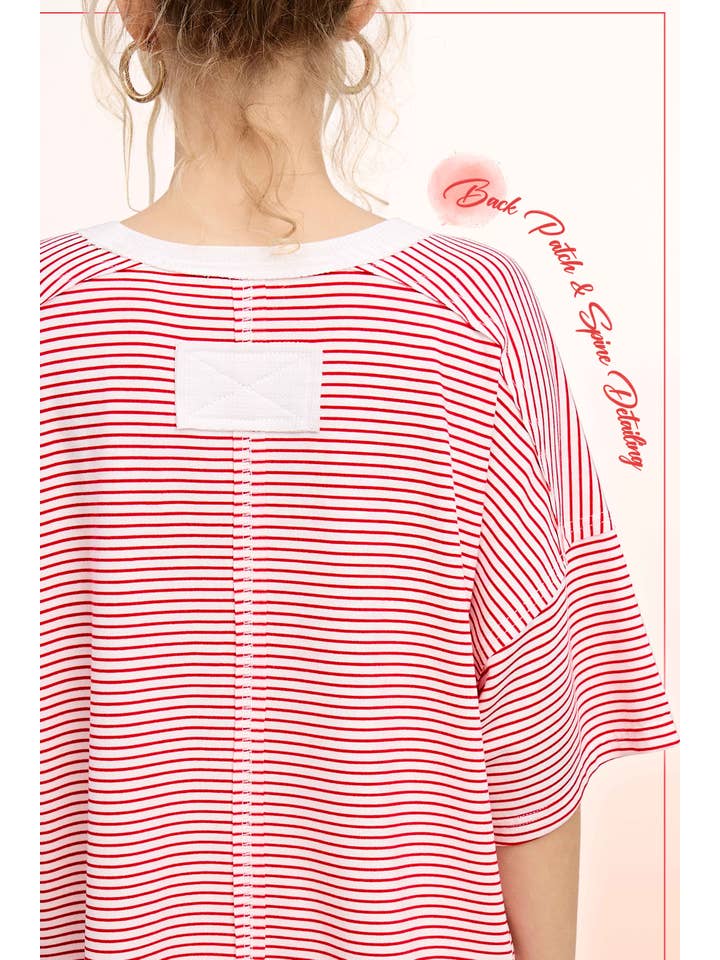 La Miel - Wholesale T-Shirt - Women's - HDT7703-Basic Striped Drop Shoulder Short Sleeves Top