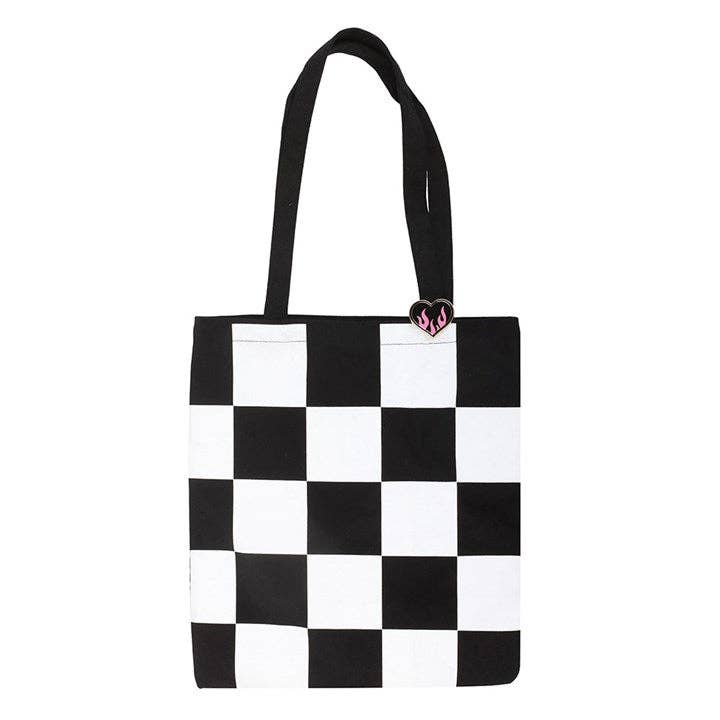 Something Different Wholesale - Wholesale Tote Bag - Women's - Checkerboard Print Tote Bag with Heart Pin Badge1