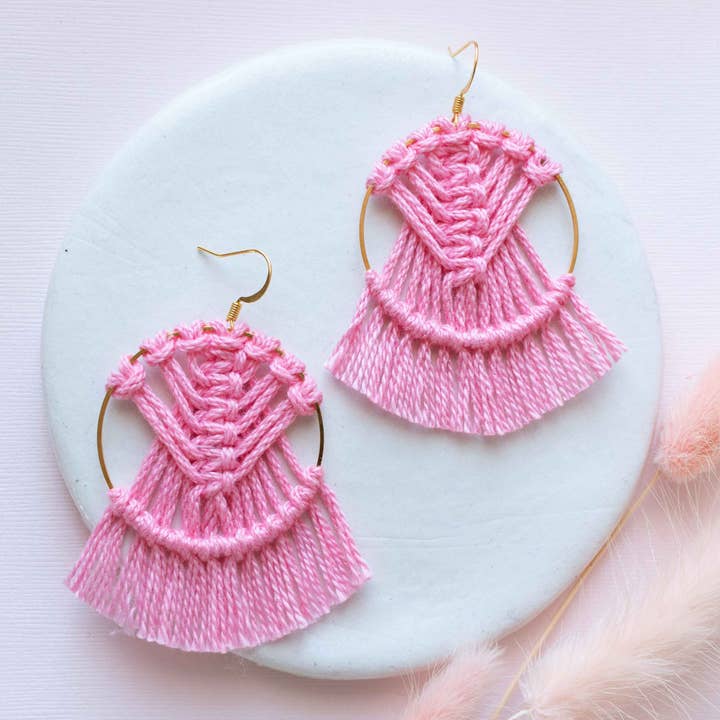 DREAM CATCHER PINK EARRINGS, MACRAME EARRINGS for wholesale by Prachi's Bohemian Art