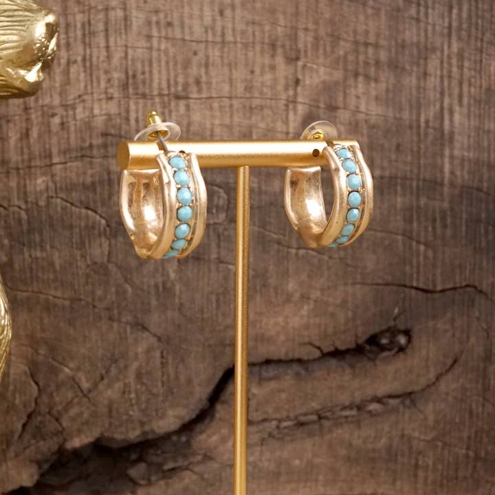 PennyLine inc - Wholesale Hoop Earrings - Minimalist Hoops with Faux Pearls or Turquoise – Brushed Gold