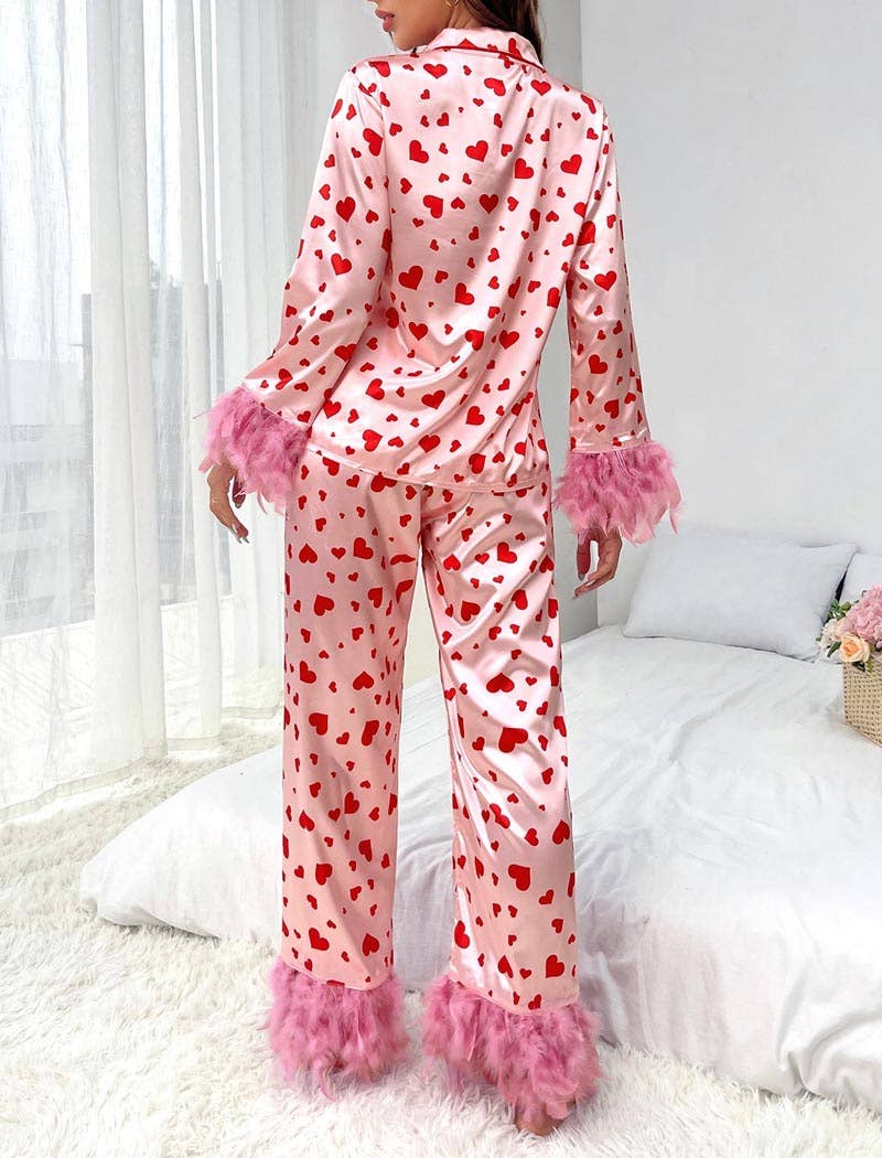 PINK Feather Trim Heart Print Top and Pants Set for wholesale on Faire3