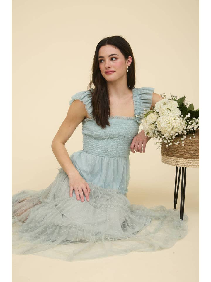 MINE - Wholesale Dress - Women's - POLKA DOT CHIFFON SMOCKED TIERED MIDI DRESS