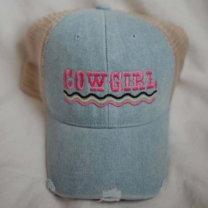 COWGIRL Spelled Out Western Denim Trucker Hat for wholesale by Katydid