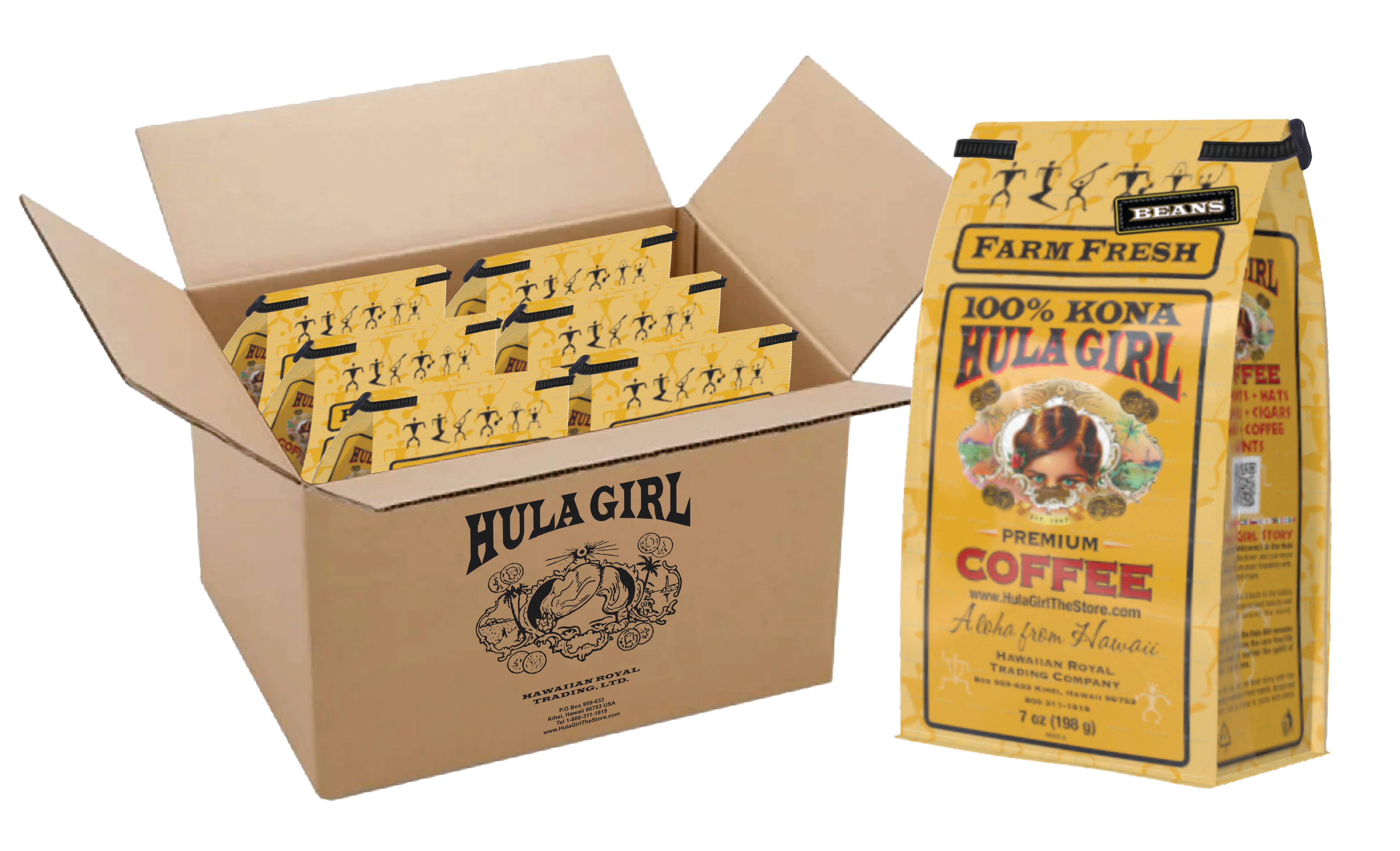 Hula Girl Products - Wholesale Coffee Beans - Hula Girl 100% Kona Coffee 7oz(198g) – Box of 6/10/20 Bags2