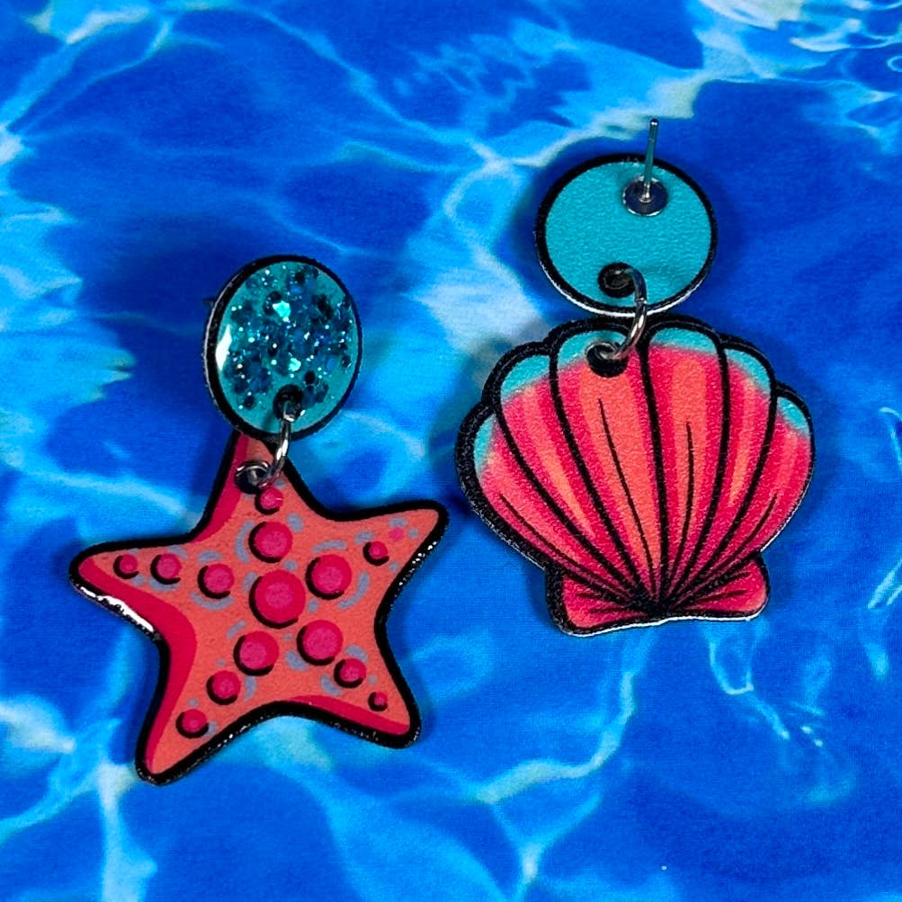Sea Pixie Designs – wholesale Dangle earrings – Glitter Starfish & Shell Mismatch Dangle Earrings, Coastal4