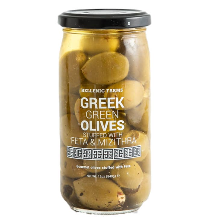 Feta & Mizithra Stuffed Greek Green Olives, Hellenic Farms for wholesale by Gourmet Food Solutions, Inc.