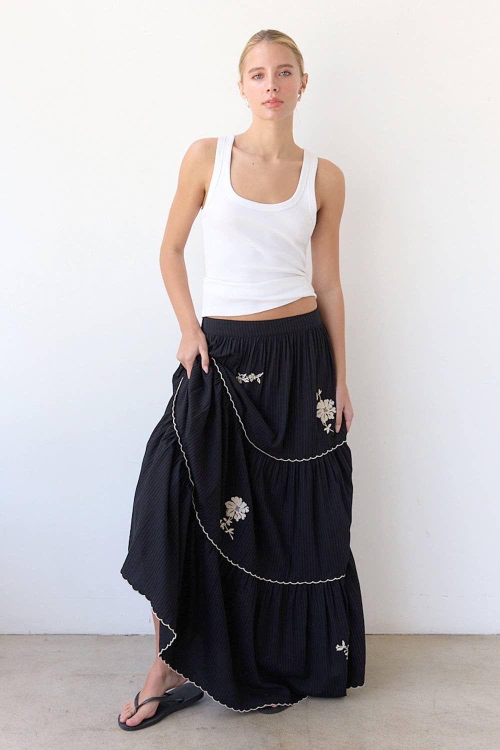 Black Embroidery Tiered Maxi Skirt - RS1032 for wholesale on Faire1