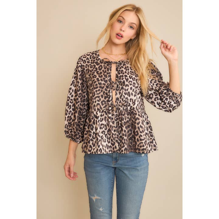 Brown Multi ANIMAL WOVEN PRINT OPEN FRONT BABYDOLL TOP BLOUSE WITH BOW D for wholesale on Faire