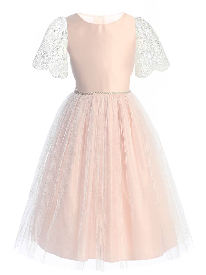 SK1015 - Satäng- och tyllklänning för flickor med spetsärmar i klockform för wholesale av Sweet Kids, Inc.