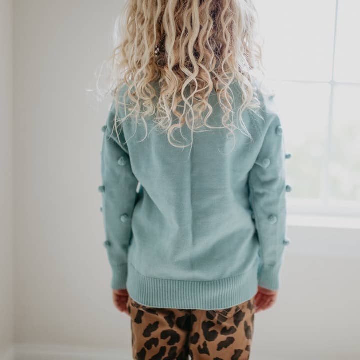 Adorable Sweetness - Wholesale Knit Sweater - Kids - Kids Teal Pom Pom Fall Winter Crew Neck Sweater