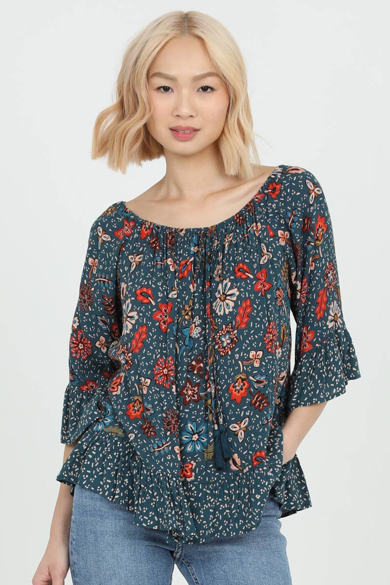Nostalgia - Wholesale Blouse - Women's - N2R89-FQ73-FQ74 FLARE SLEEVE TWIN PRINT BLOUSE4