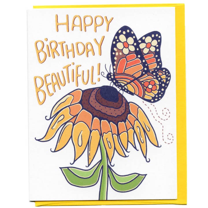 Monarch Butterfly & Sunflower, Happy Birthday Beautiful Card for wholesale by Lucky Sardine