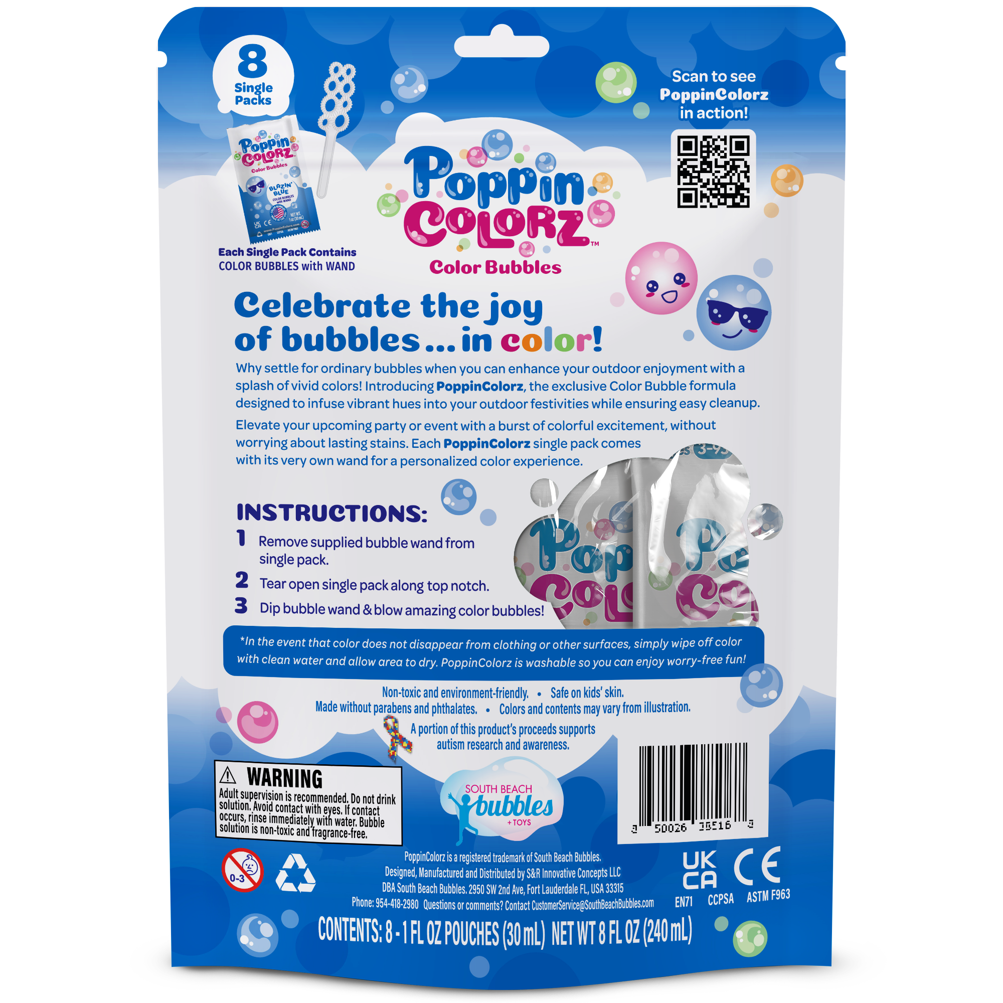 South Beach Bubbles - Vente Baguette à bulles – enfant - PoppinColorz Blazin' Blue Color Bubbles-8 Party Favors (étui)7
