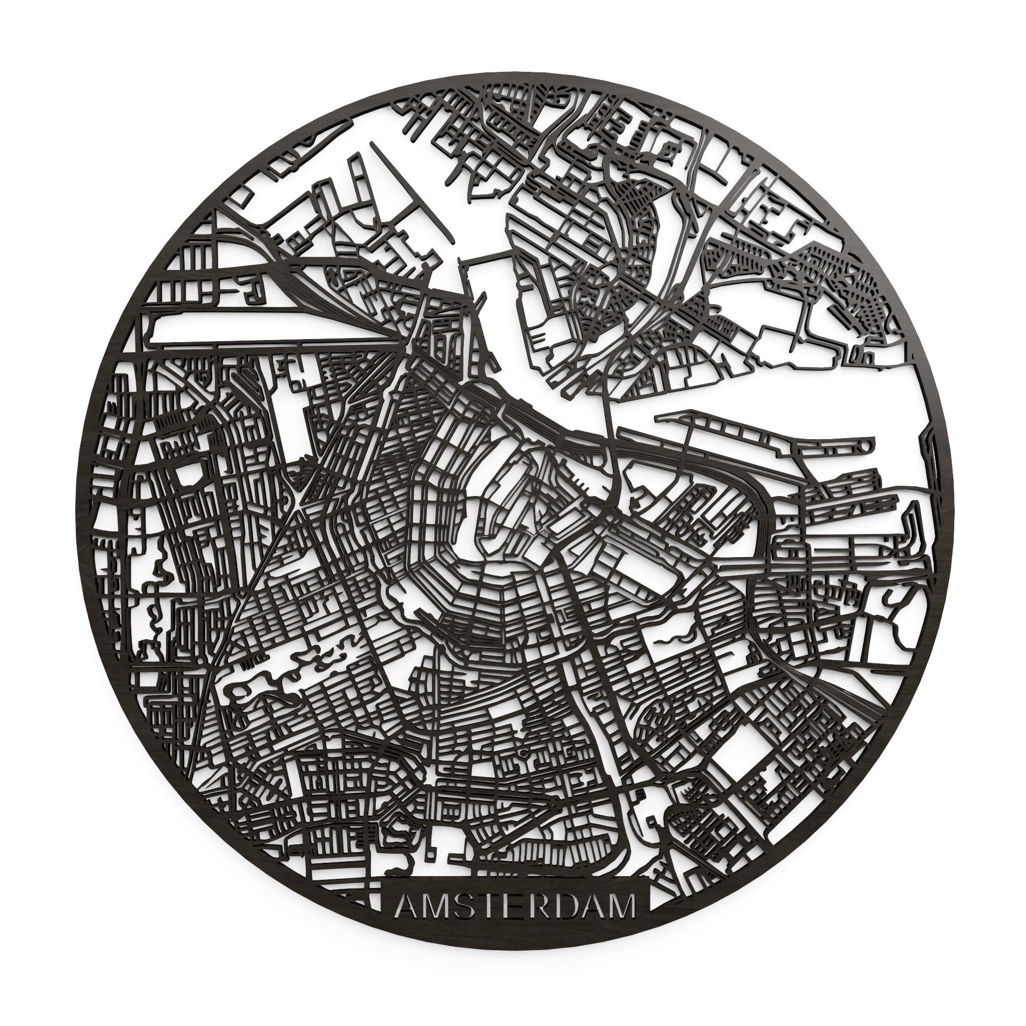 Papurino - Vendita all'ingrosso Decorazione da parete 3D - Mappa della città in legno, Paesi Bassi Amsterdam rotonda (area più ampia)0