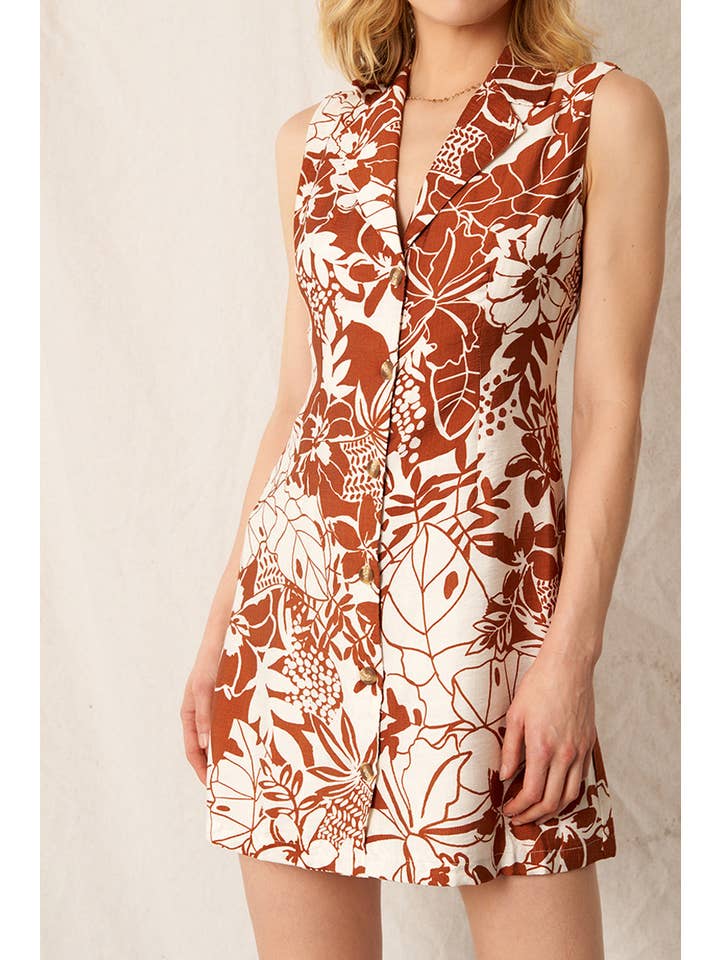 Ivory Brown Printed Sleeveless Button Down Mini Dress for wholesale on Faire