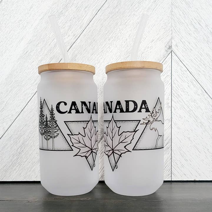 DIYxe - Wholesale Drinking Glass/Cup - Canada Triangle Frosted Can with Bamboo Lid | Canadian