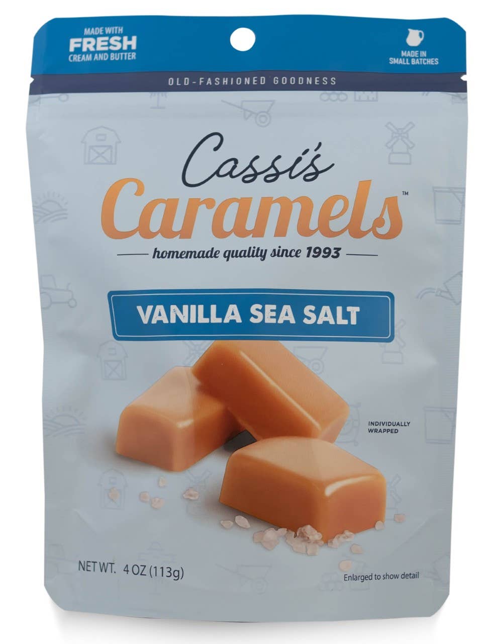 Sunflower Food Company - Wholesale Caramel - Cassi's Vanilla Sea Salt Caramels 12/4 OZ Resealable Bags3