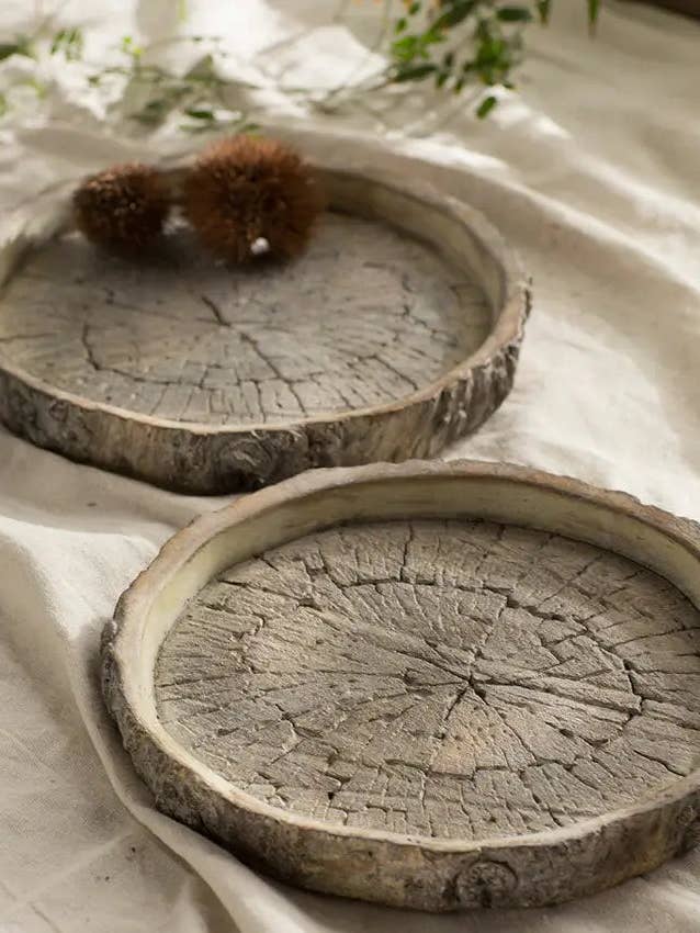 Prato grande redondo estilo madeira falsa em cimento fundido por atacado de Vagabond Vintage