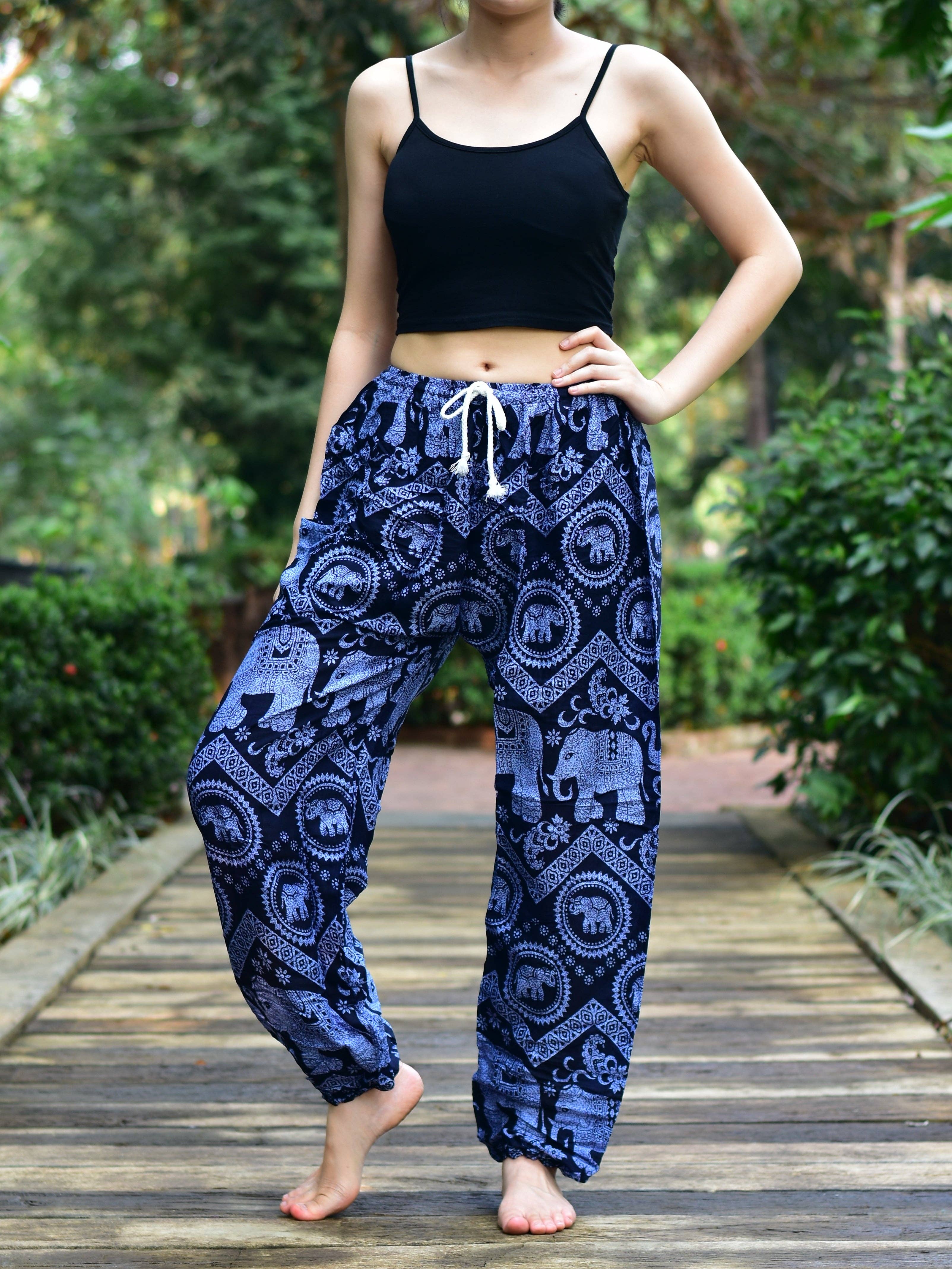 Bohotusk Blue Elephant Tusker Print Womens Harem Pants Tie Waist S/M to 3XL for wholesale on Faire5