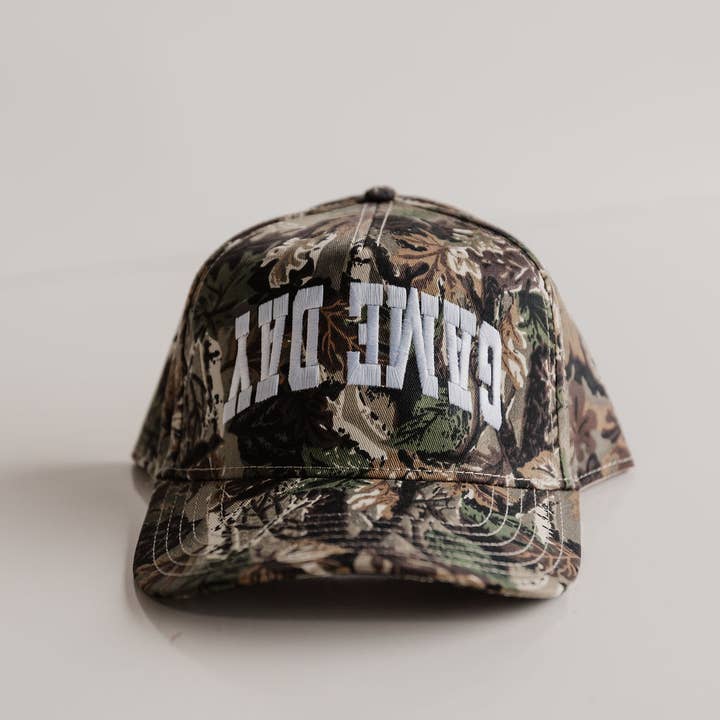 Game Day Camo Upside Down Embroidered Trucker Hat for wholesale by The Babe Co.