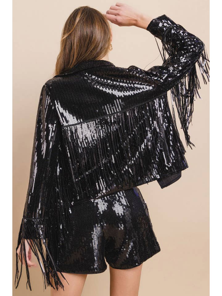 Nylon Apparel - Wholesale Jacket – Women's - 18106D-Western Sequin Collar Fringed Long Sleeves Jacket4