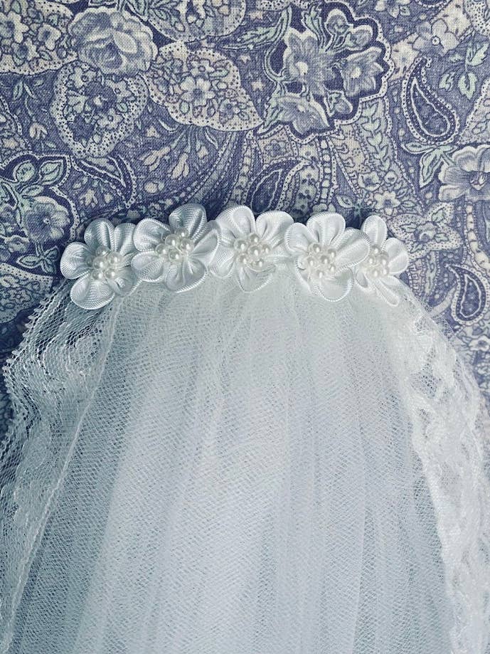 First 1st Communion Veil, White Flower/Pearl Decorated Comb for wholesale by Lace and Grace Veils