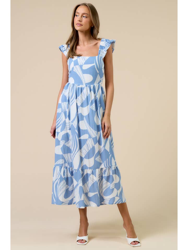 LT BLUE ILD5821 Printed Ruffled Strap Midi Dress for wholesale on Faire