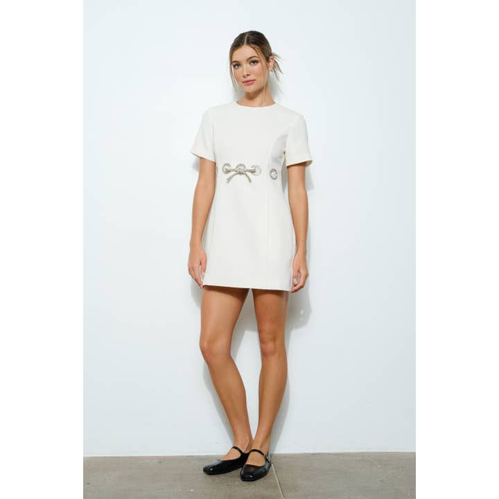 INA - Wholesale Dress - Women's - Short Sleeve Waist Rhinestone Bow Mini Dress