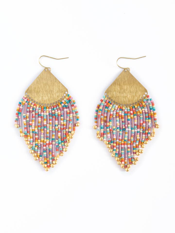 Beaded Handwoven Confetti Fringe Earrings (Purple/Rust) for wholesale by Mayana Designs Co
