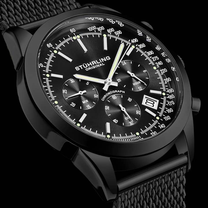 Stuhrling – Großhandel Armbanduhr – Herren – Rialto Quarz-Chronographenuhr - Schwarzes Stahlarmband