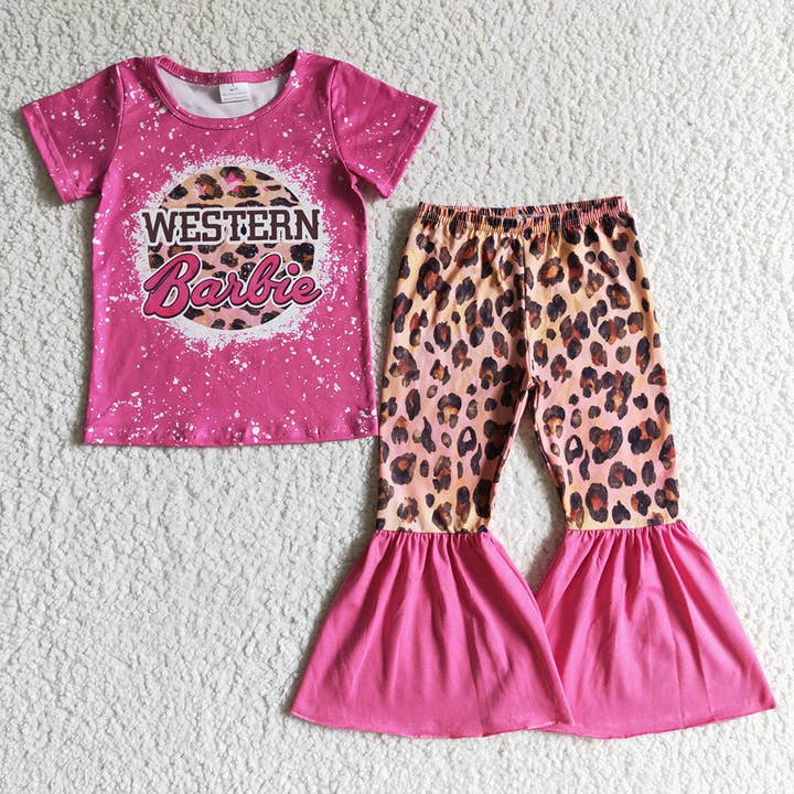 ensembles de vêtements pantalons léopard western rose vif pour bébés filles pour la vente par Aier Wholesale