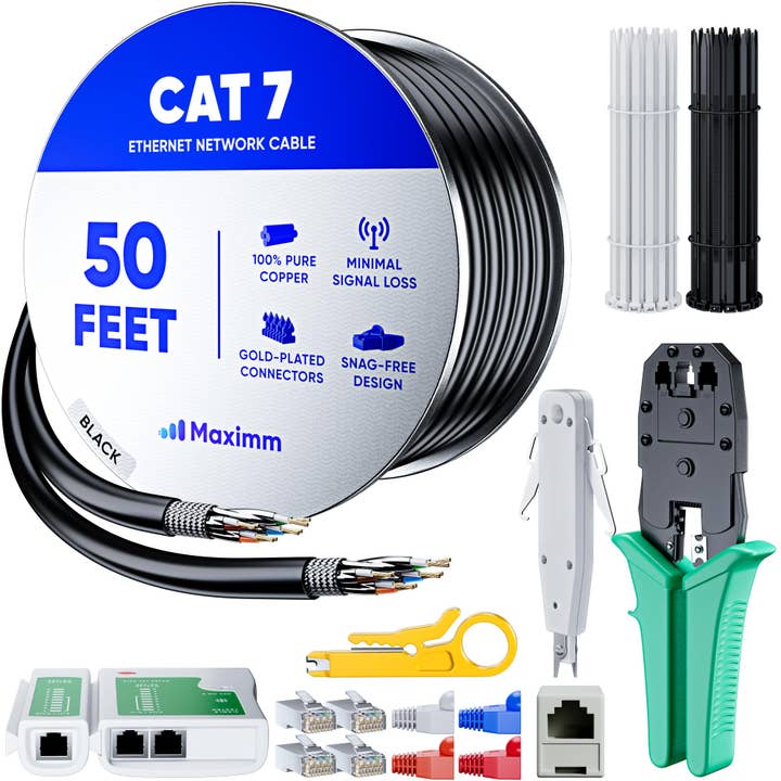 Maximm Cat7 Wire Installation Kit - Crimp Tool, 50 RJ45 Connectors, Tester, Cable Ties, Caps, Adapters for wholesale by Maximm Cable