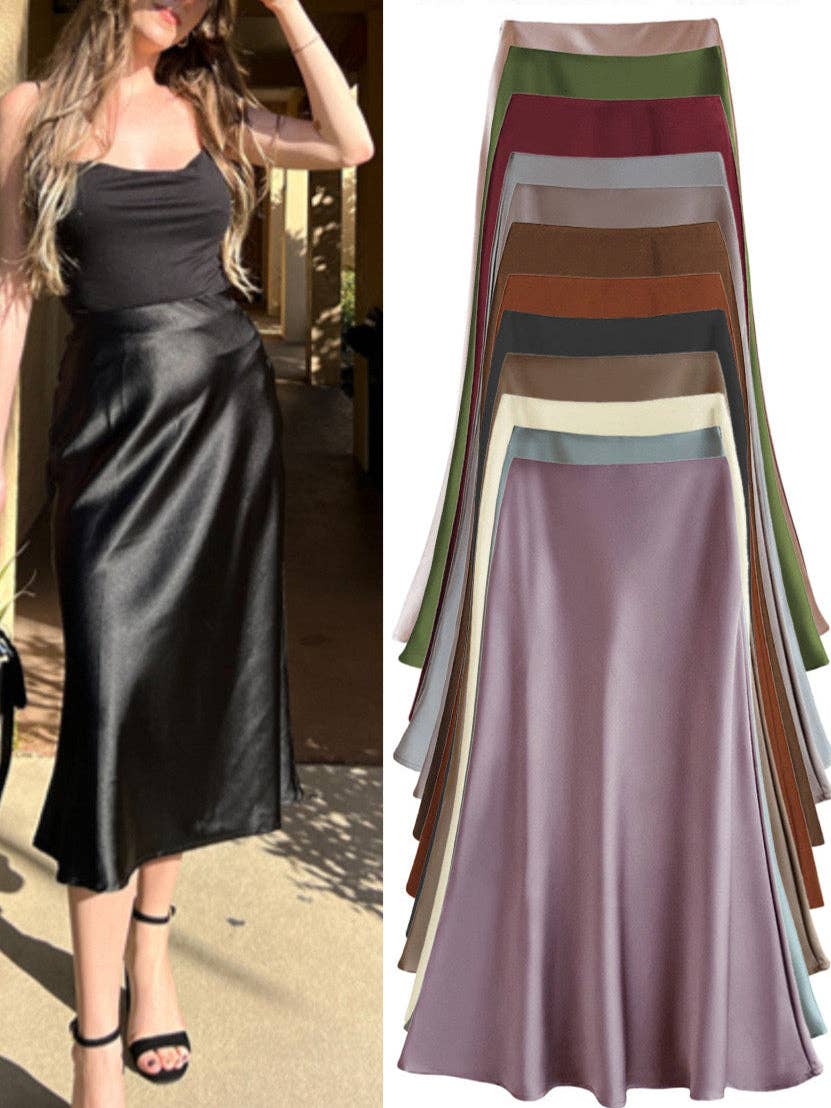 coffee Sateen Maxi Skirt with Elastic Waistband and invisible zipper ( Coffee) for wholesale on Faire1