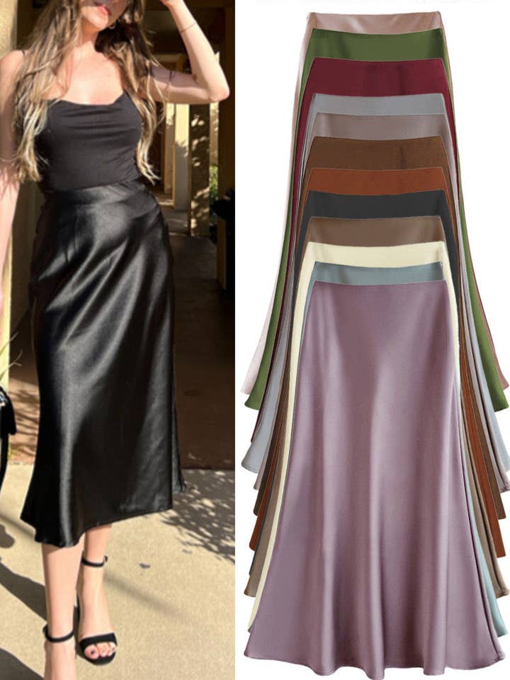 coffee Sateen Maxi Skirt with Elastic Waistband and invisible zipper ( Coffee) for wholesale on Faire1