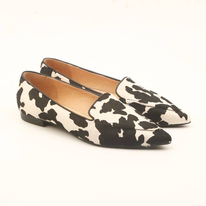 Poplar Pointed Flat - Black White Cow for wholesale by Millwoods Shoes