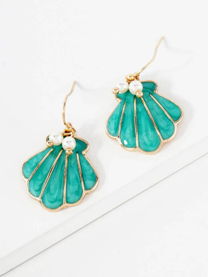 Sea-Life Pearl Enamel Shell Drop Dangle Earrings for wholesale by Wild Honey
