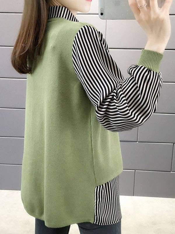 ShieldChic - Wholesale Knit Sweater - Women's - Original Loose Split-Joint 5 Colors Striped Round-Neck Long Sleeves False Two Sweater Top9